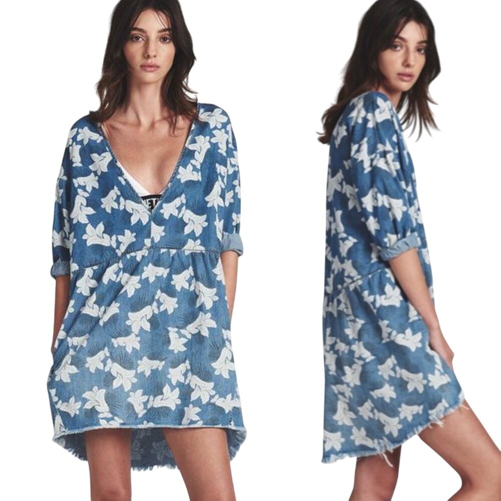One X One Teaspoon Epiphany Denim Floral Dress Blue XS Oversized